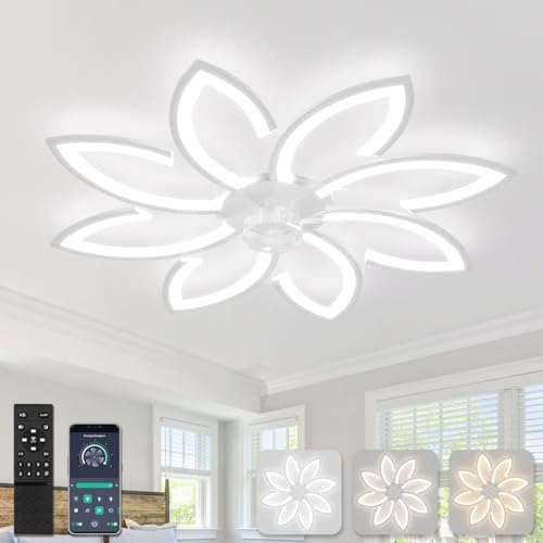 YUNLONG 90cm Ventilador de Techo con Luz y Mando a Distancia Led Lampara Ventilador Techo Silencioso Regulable Motor DC Reversible 6 Velocidades Ceiling Fan with Light para Dormitorio Cocina,Blanco