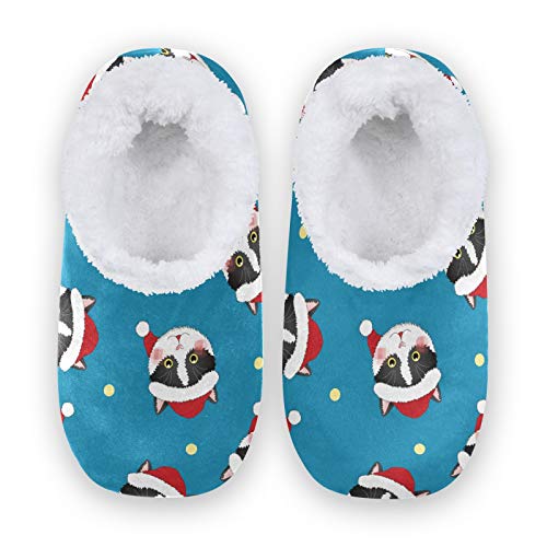Tarity Black White Cat Santa Claus Fuzzy Feet Slippers Warm House Slippers Socks For Women Men(L) #TOP1