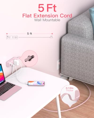 Image of 5Ft Extension Cord with Multiple Outlets, Flat Plug Power Strip Surge Protector with 5 Ft Long Cord, 6 Outlet 4 USB Ports (2 USB C), Multi Outlet Wall Plug for College, Dorm Room Essentials(Pink)