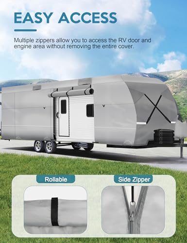 Rengue RV Cover, 30-33ft Travel Trailer Cover 300D Oxford Waterproof Camper Cover for RV Car Winter Snow with Jack Cover, Windproof Straps, Gutter Covers, Storage Bag - Thumbnail 4