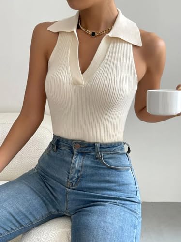 Collared Ribbed Knit Tank Tops for Women V Neck Sleeveless Casual Basic Polo Shirts Summer Going Out Texture Tops2
