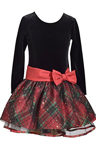 Bonnie Jean Long Sleeve Christmas Dress with Black Velvet and Red Tartan Plaid 4Y