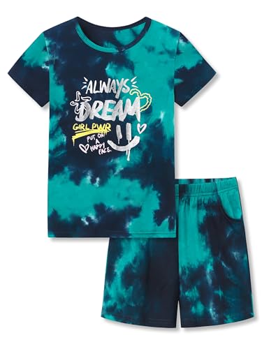 Beezizac Pajama for Girls Cool Tie Dye Blue Graffiti Cotton Comfortable 2-PC Short Sleeve Jammies Set PJ Size 12