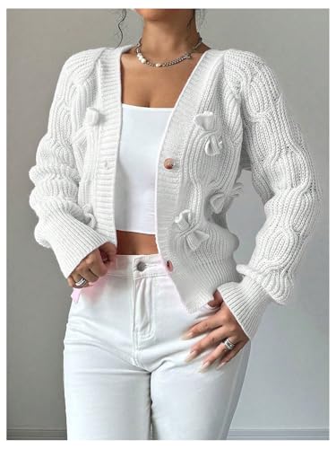Image of Verdusa Womens Bow Cardigan Long Sleeve Chunky Sweater Outerwear Fall Cardigans Trendy White Small