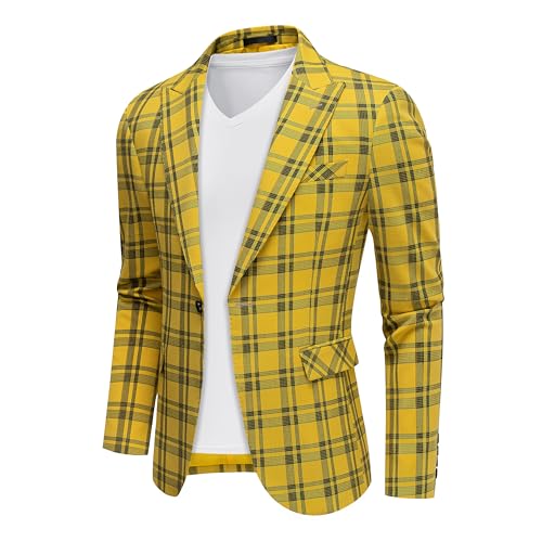 Mens Blazer Plaid Sport Coats One Button Casual Slim Fit Checked Jacket US Size 36 Yellow