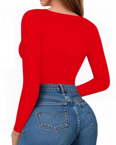 Image of MANGOPOP Womens Bodysuit Long Sleeve Crew Neck Body Suit for Women Ribbed Bodysuits Shirts Red Small
