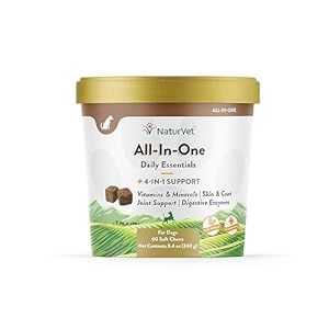 NaturVet All-in-One Dog Supplement – for Joint Support, Digestion, Skin, Coat Care – Dog Multivitamins with Minerals, Omega-3, 6, 9 – Wheat-Free Vitamins for Dogs – 60 Soft Chews