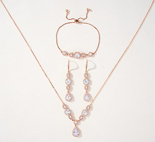 Sweetv 3 Pack Cubic Zirconia Bridal Jewelry Sets For Wedding, Crystal Necklace Dangle Earring Bracelet Jewelry Sets For Women, Rose Gold Prom Costume Jewelry Gifts #TOP3