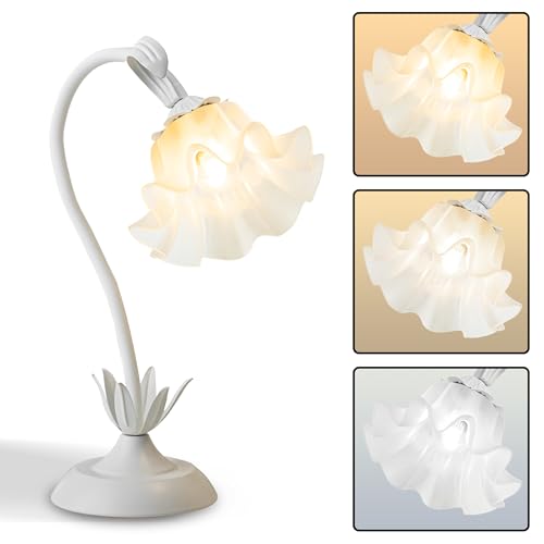 Image of Flower Table Lamp,Bedside Table Lamp for Bedroom LED Reading Light 3 Color Modes,Vintage Flower Lamp Kawaii Table Lamps Desk Living Room Home Decor Mothers Day Birthday Gifts for Mom Women(White lamp)