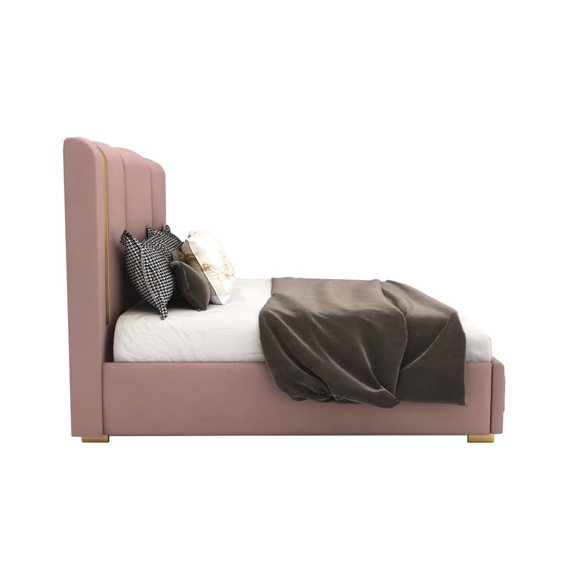 Image of STRATA FURNITURE Solid Wood Queen Size Bed with Box Storage and Upholstered Headboard | Modern Wooden Double Bed Cot Palang Furniture for Bedroom, Hotel, Living Room, and Home (Onion Pink)