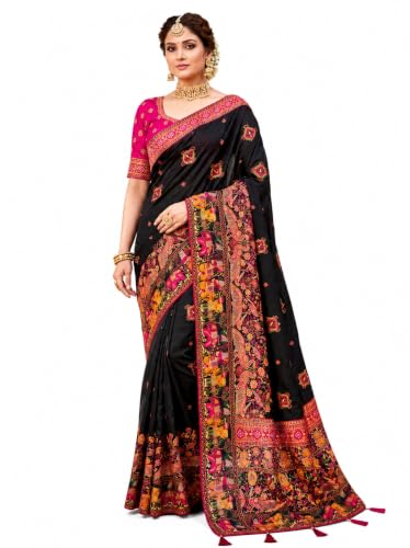 OWLSKY, SASSY & STYLO Pure Rajwadi Black Pashmina Silk Woven Saree with Kashmiri Thread Woven Pallu Heavy Zari