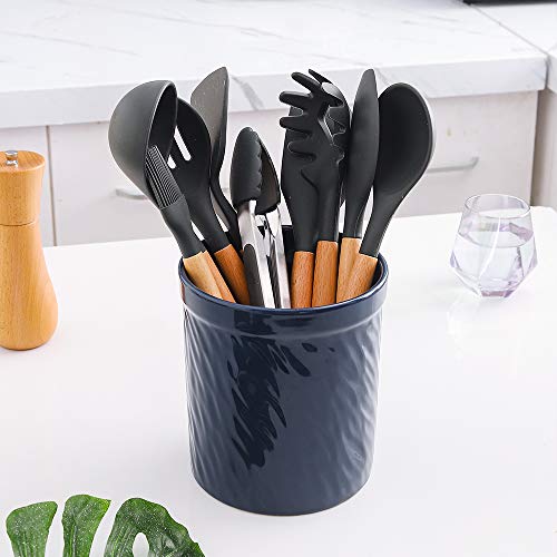 Koov Kitchen Utensil Holder, Large Ceramic Utensil Crock, Deep And Stable, Utensils Caddy Texture Series (Dark Blue) #TOP4