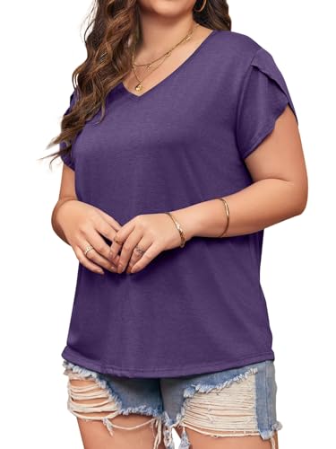 Womens Plus Size Tops V Neck T Shirts Casual Loose Petal Sleeve Tee Shirts4