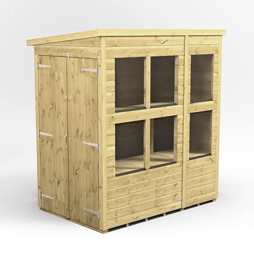 Image of Powersheds High Grade Pressure Treated Pent Potting Greenhouse Wooden Shed with Double Doors, Security Features, Heavy Duty Frame, Galvanised Ironmongery, Made from Extra Thick Timber (6x4)