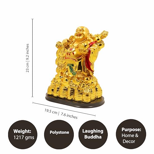 Image of Spillbox Resin Golden Happy man Statue|Laughing Buddha|Feng Shui|Show Piece|Gift Item |Vastu|Decorative Showpiece for Home Decor|Office Desk Table (Happy Man with 3 Coin Big)