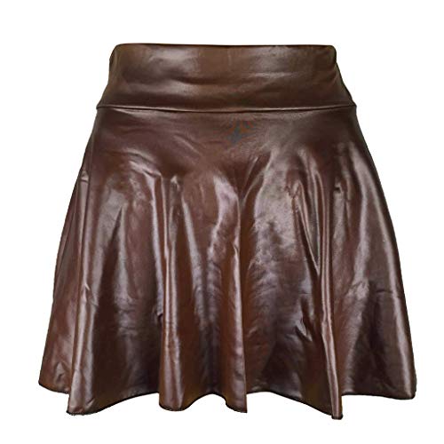 QueenMM Women Basic Versatile Stretchy Flared Casual Pleated Leather Mini Skater Skirt