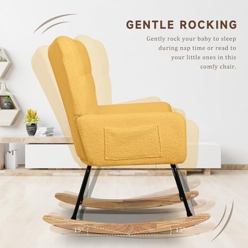 SoarFlash Nursery Rocking Chair Teddy Fabric Glider Chair Upholstered Rocker Accent Armchair with High Backrest and Solid Wood Legs for Nursery Bedroom Living Room Office(Yellow)