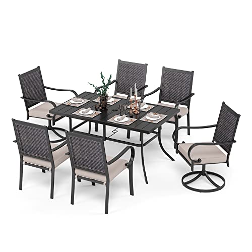 Hera's House 7 Pieces Wicker Patio Dining Set, Rattan Outdoor Furniture Set For 6, 4 Dining Chairs, 2 Swivel Chairs, 1 Rectangular Metal Dining Table, All Weather Resistant For Lawn Garden Backyard #TOP6