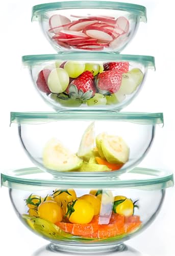 WhiteRhino Glass Mixing Bowl with Lids 4 Pack Large Salad Bowl Set Kitchen Nesting Bowls for Baking Cooking,Prep, BPA Free Plastic Lids,Food Grade Borosilicate Glass Bowl（950 * 1500 * 2400 * 3500ml）