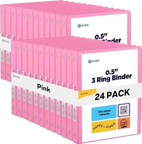 Enday 1/2 inch Binder 3 Ring Binder (24 Pack - Pink) O-Ring Binder with Clear View Cover and 2 Inside Pocket - for Letter Size 8.5 x 11'' Paper, Ideal for School Supplies, Office, and Home