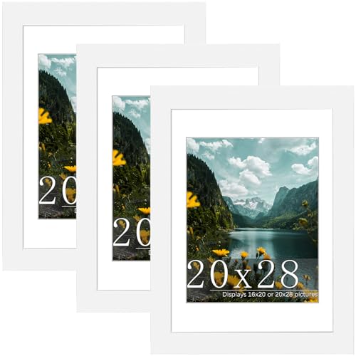Picrit 20x28 Frame 3 Pack, White Poster Frame, Display Poster 16 x 20 with Mat or 20 x 28 without Mat for Horizontal or Vertical Wall Mounting