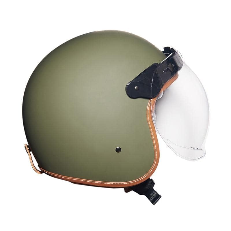 Image of Royal Enfield Leather Trim Helmet(V) BTL Green L-600MM | Fit: Regular | Certification: ISI & DOT | Material : ABS | Type: Open Face with Bubble Visor | Gender: Unisex