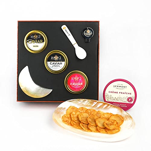 MARKY'S Aqua Caviar Gift Box - 7 PCS - Hackleback Caviar 1 OZ, Kaluga Amber Caviar - 1 OZ, Siberian Sturgeon Caviar - 1 OZ, Russian Blini - 36 PCS, CrÃ¨me FraÃ®che - 8 OZ, Mother of Pear Spoon and Plate + Caviar Tin Opener - OVERNIGHT GUARANTEED
