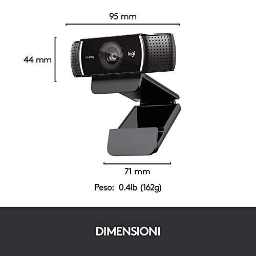 Logitech C922 Pro Stream Webcam, Streaming Veloce HD 1080p/30fps o 720p/60fps, Correzione Luce, Autofocus, Audio ?Stereo, Per YouTube, Twitch, XSplit, ?PC/Mac/Laptop/Macbook/Tablet, Nero