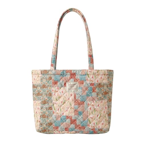 Image of Floral Quilted Cotton Shoulder Bag for Women Medium Size Handbag Large Capacity Thickened Design Tote
