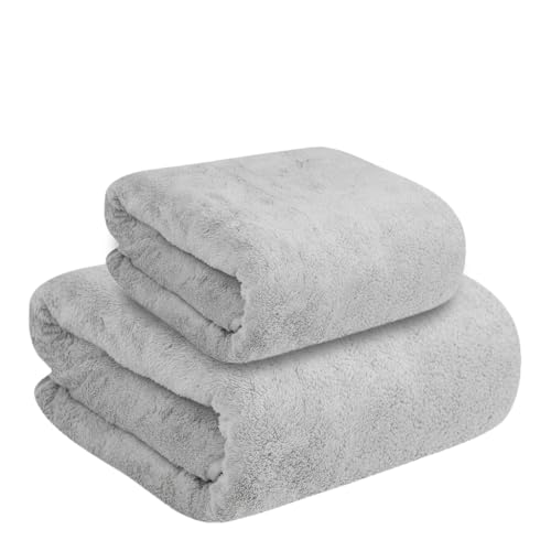 Image of Dribble Coral Fleece Microfiber Towel Set | Ultra Soft & Highly Absorbent Hand Towel + Bath Towel | 450 GSM Quick Dry Towels for Bathroom, Home, Gym & Travel (Pack of 2, Grey)