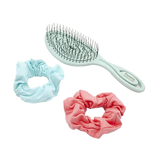 PONETTE NATURAL - Pack Cepillo Pelo Masajeador Desenredante ECO Verde y 2 Coleteros Scrunchie de Tela ECO Verde Turquesa y Salmón, Ecológico, Fibras Naturales, 100% Reciclable, Marca Española