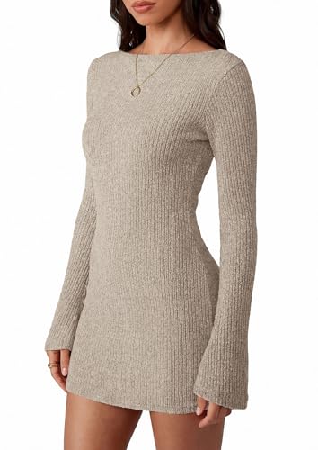 PRETTYGARDEN Womens Fall Bell Long Sleeve Mini Dress 2026 Casual Boat Neck Ribbed Bodycon Short Party Cocktail Dresses (Apricot,X-Large) — view 3