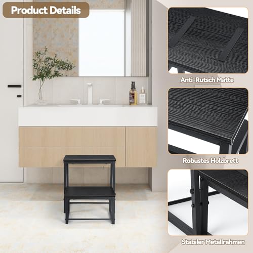 smusei 2 Stufen Tritthocker Klappbar für Erwachsene & Kinder, 3-in-1 Stabiler Holzhocker Fußbank Abnehmbar für Küche, Bad, Schlafzimmer, Toiletten, Tragfähigkeit 200KG -Schwarz