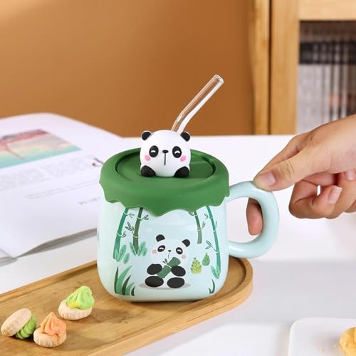 Image of Coffee Mug, Gift for Woman, Birthday Present for Girlfriend, Present for Wife Birthday, Mugs for Present, Holi Gifts, Panda Mug with Lid & Spoon Mug For Kids (PANDA Green)