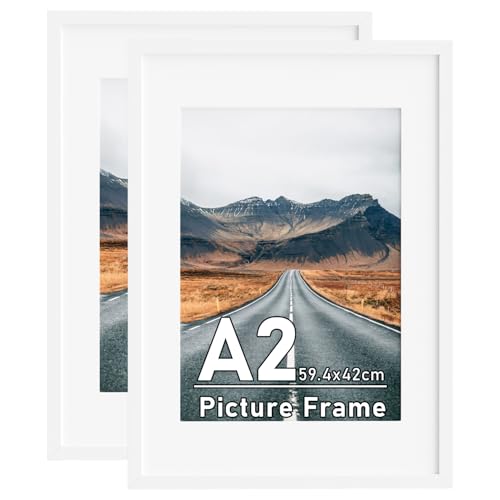 Zueyunstoo 2 Pack A2 Picture Frames with A3 Mount, White A2 Poster Frame, 42x59.4cm Photo Frames with Safe Perspex Front, Wall Mounting