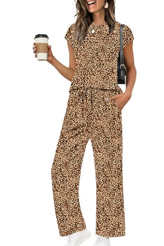Ekouaer Two Piece Sets for Women Summer Soft Casual Cap Sleeve Lounge Sets Travel Vacation Airport Outfits Leopard Medium