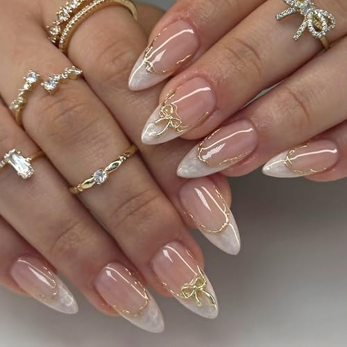 24Pcs Gold Bow Press on Nails Medium Almond Fake Nails - White Fr...
