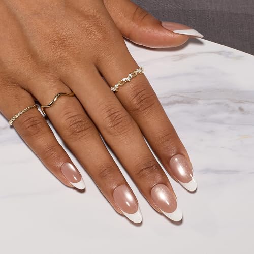 Image of Beetles French Tip Press On Nails 160Pcs Medium Almond Soft Nail Gel Tips | Gel Painted Cat Eye Brown Fake Nails, 16 Sizes for DIY Manicure Glassy Amber French