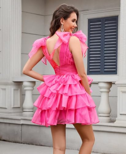 Short Ruffle Homecoming Dresses for Teens V Neck Tiered Prom Cocktail Dress with Bow2