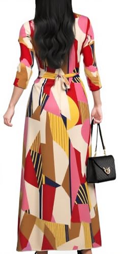 Image of Women's Church Maxi Wrap V Neck 3 /4 Sleeve Tie Waist Plus Size Long Dress | Flattering wrap V-neck design enhances curves. High elastic tie waist accentuates the slimmest part, hides tummy.