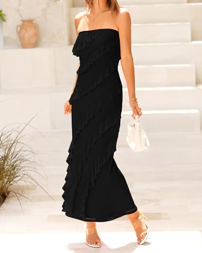Image of BTFBM Women Summer Elegant Strapless Midi Ruched Bodycon Dress Solid Color Stretch Mesh Slim Party Cocktail Dresses