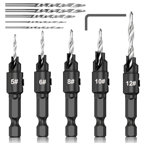 Image of 5PCS Countersink Drill Bit Set, 1/4" Hex Shank Quick Change Adjustable HSS Drill Bits 82° Angle for #5, #6, #8, #10, #12 Screws with 5 Replaceable Bits & Hex Wrench for Woodworking Wood Plastic PVC