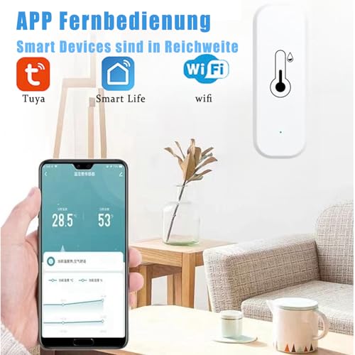 GERUI WLAN inteligentny termometr i higrometr, cyfrowy mini czujnik temperatury i wilgotności wewnątrz, czujnik temperatury i wilgotności pomieszczenia, aplikacja do szklarni/piwnicy, kompatybilny z