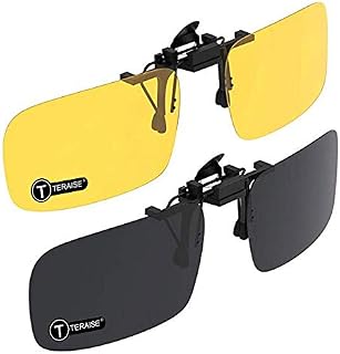 TERAISE Clip on Sunglasses,2-Pack/Day+Night Vision Men/Women UV400 Flip-Up Polarised Sunglasses,Convenient and Secure Fit over Prescription Eyeglasses Ideal for Driving and Outdoor/Fishing