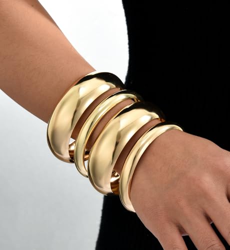 Image of Chunky Gold Bangle Bracelets for Women, Dainty 14k Gold Plated Big Stackable Bangles Set, Trendy Statement Cuff Bracelet Stack Fashion Jewelry Gifts