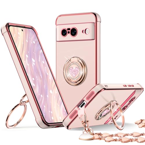 XYZ For Pixel 8 Case with Stand, for Google Pixel 8 Case with Double Ring, Women Girls Bling Luxury Protective Case Heart for Google Pixel 8 Case, Pink