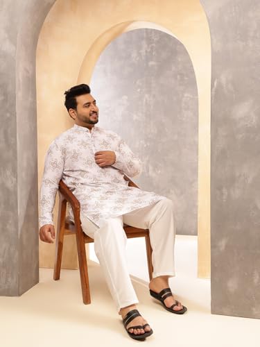 Image of SOJANYA Plus (Since 1958) Men's Printed Cotton Linen Kurta With White Pyjama