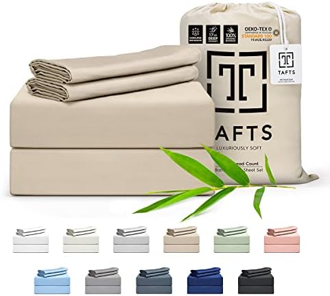 Tafts Bamboo Sheets Queen Size Bed Sheets 5 Piece Set, Pure 100% Organic Bamboo, 17” Deep Pockets – Luxuriously Soft, Silky Smooth, Cooling, Double Stitched, Lifetime Quality Guarantee (Beige)