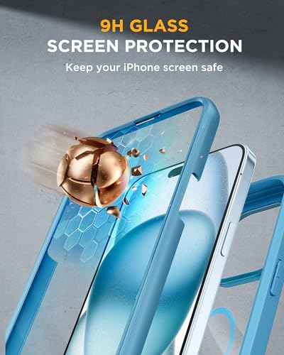 Image of Miracase Magnetic for iPhone 15 Plus Case 6.7'' [Compatible with Magsafe] Full-Body Military Drop Proof 15 Plus Phone Case Cover with Built-in 9H Tempered Glass Screen Protector,Magnetic Blue