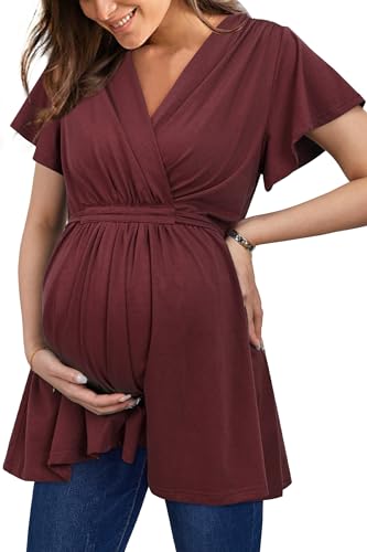 OUGES 2025 Womens Maternity Nursing Tops/Shirts Short Sleeve Wrap V Neck Tie Back Pleat Peplum Maternity Clothes/Tunic Casual Pregnancy Blouse(Wine,L)